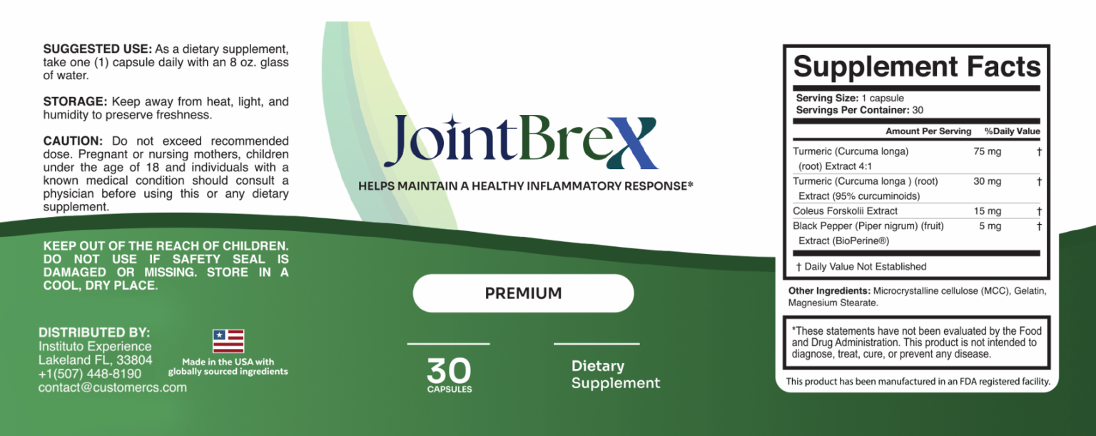 JointBrex Supplement Facts label showing the eight joint support compounds