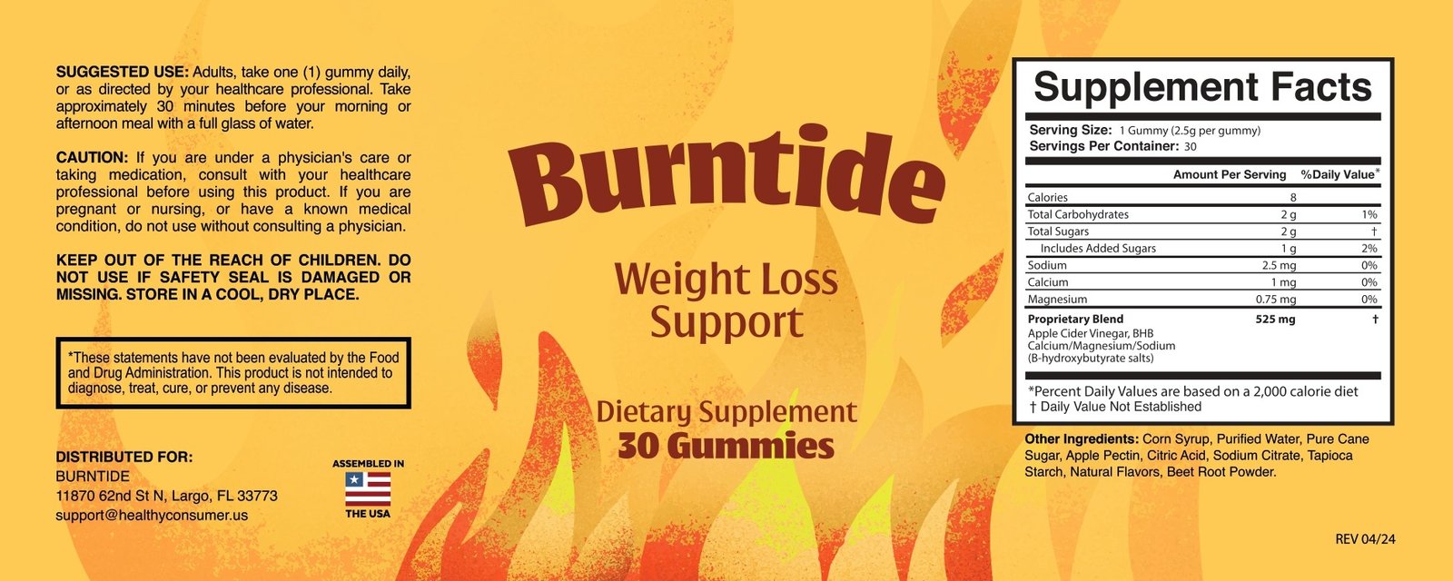 Burntide Supplement Facts label showing the 525 mg apple cider vinegar and BHB blend