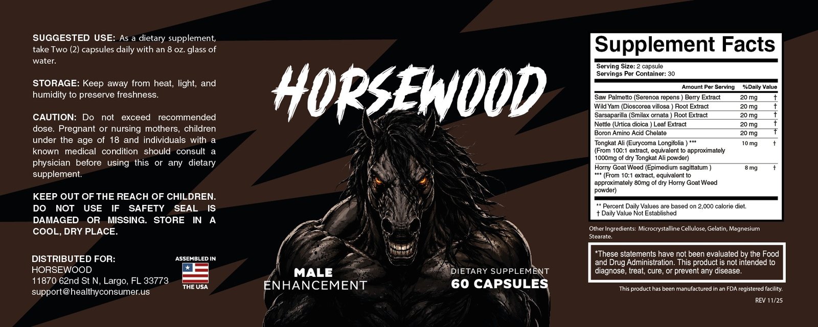 Horsewood Supplement Facts label showing the botanical blend used for men's vitality support